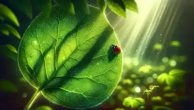 Bright green leaf with visible veins and water drops in the sun, ladybug in the foreground on blurred vegetation background.