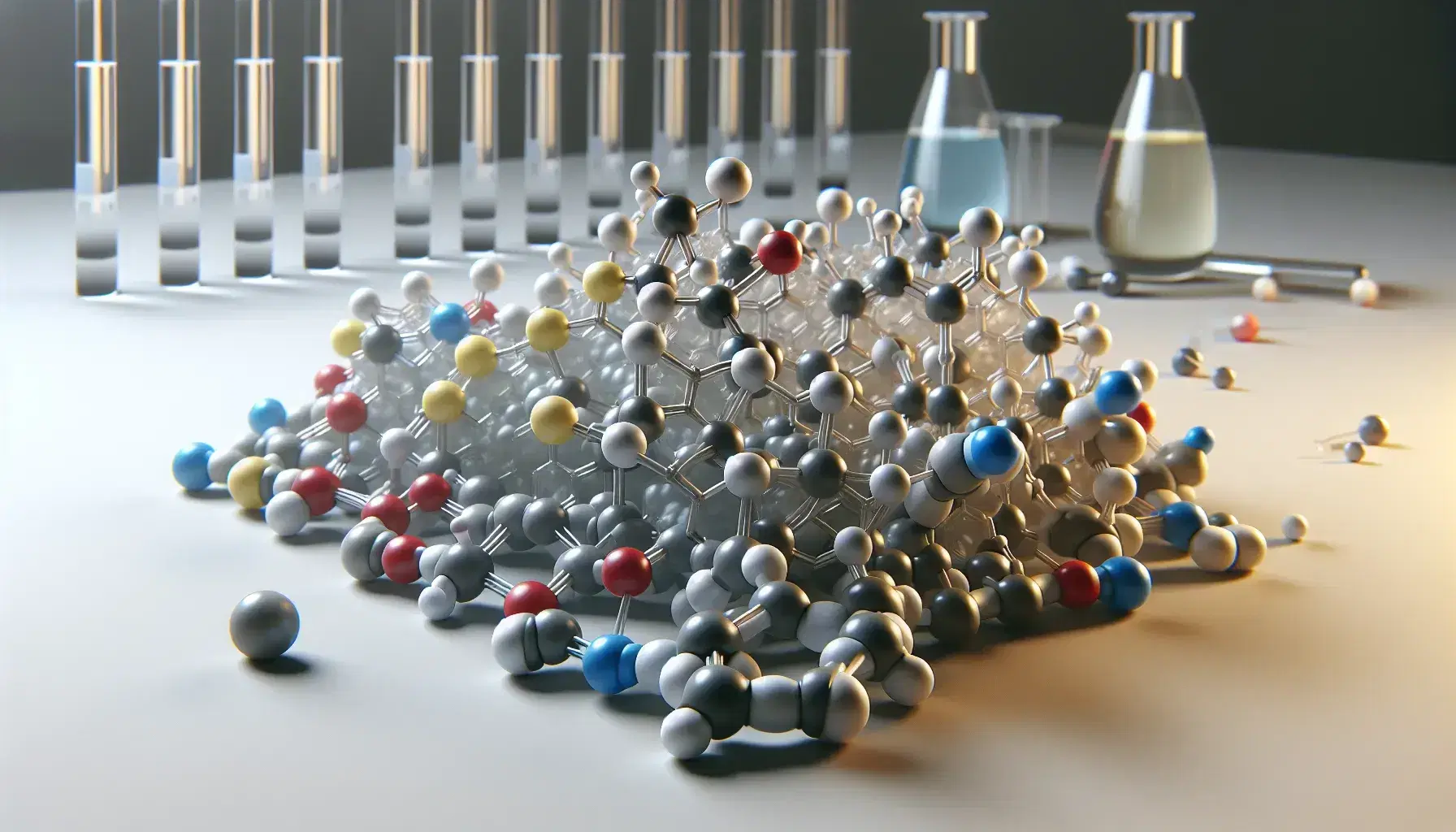 Modelo tridimensional de molécula de proteína con esferas de colores que representan átomos y varillas como enlaces químicos, en un laboratorio.