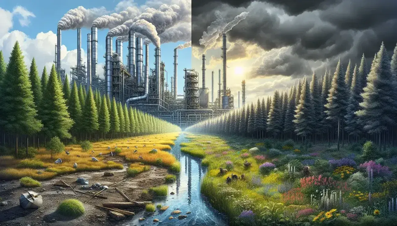 Contraste entre paisaje industrial con chimeneas y humo gris y bosque frondoso con arroyo y flores silvestres.