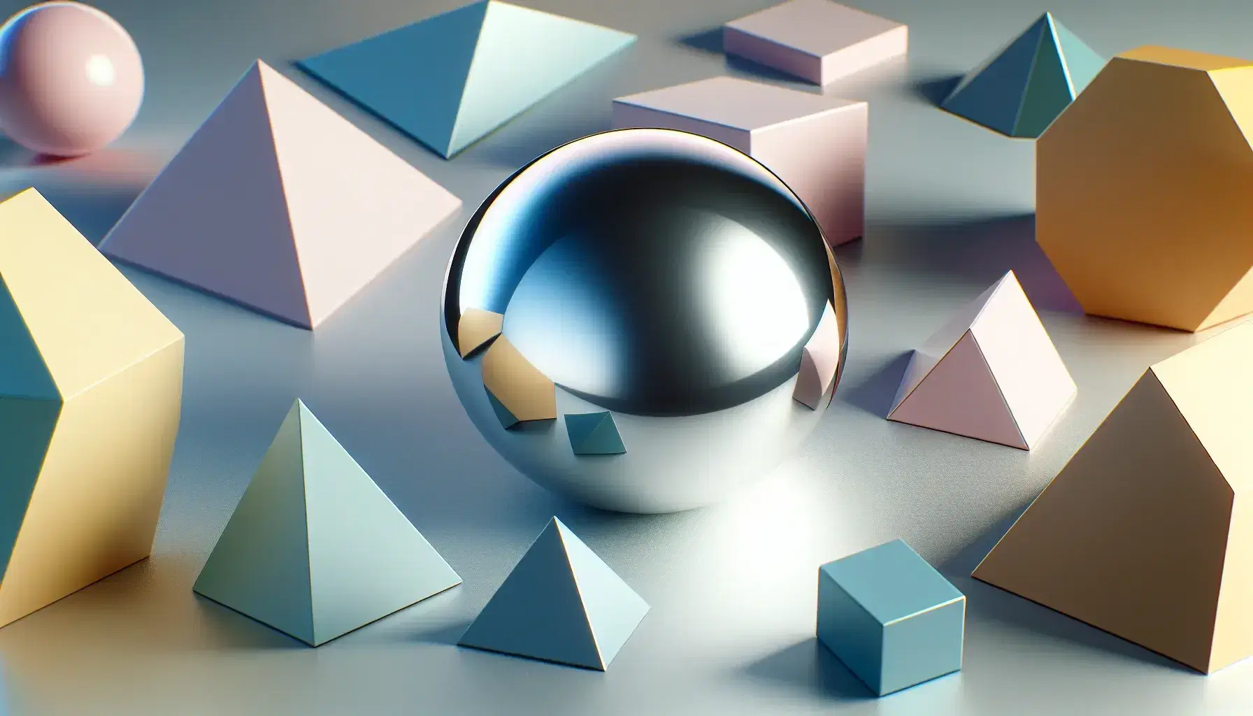 Composizione fotografica di forme geometriche solide con sfera riflettente al centro e poligoni regolari color pastello su superficie liscia.