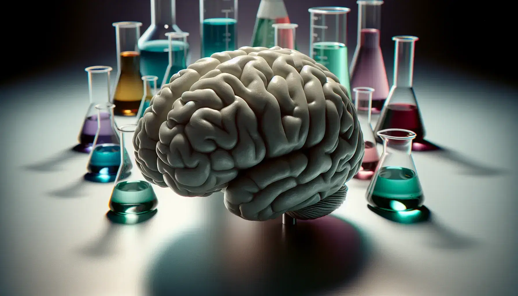 Detailed model of human brain surrounded by glass beakers with colored liquids in vivid shades on white background.