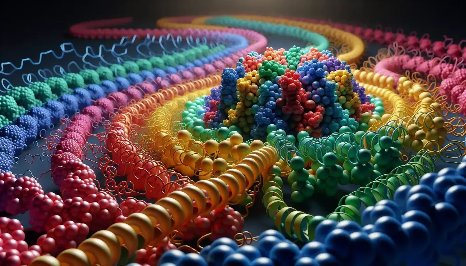 Struttura proteica tridimensionale con sfere colorate che rappresentano aminoacidi, formando eliche e foglietti beta.