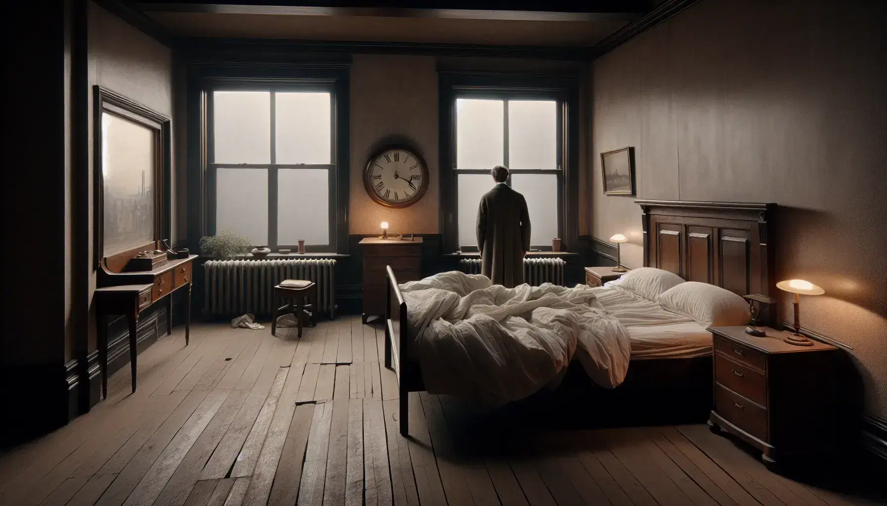 Vintage-style bedroom with an unmade bed, wooden nightstand with an alarm clock, and a man in early 1900s attire standing by an open window.