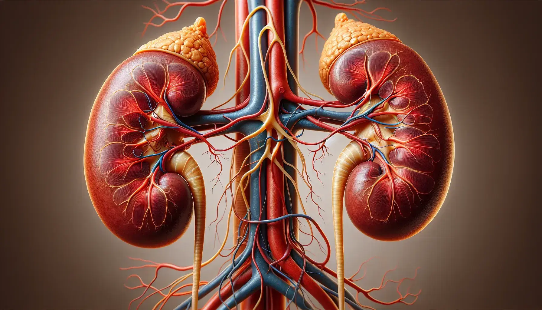 Riñones humanos realistas con arterias rojas, venas azules, glándulas suprarrenales amarillas y uréteres, destacando la anatomía renal.