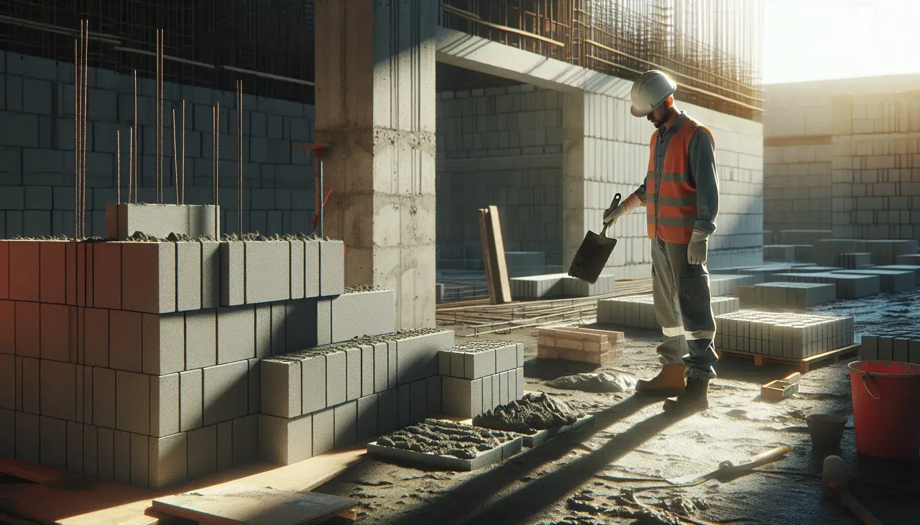 Obrero con casco y chaleco reflectante sostiene paleta de albañil con mortero junto a pilas de bloques de hormigón y pared en construcción bajo el sol.