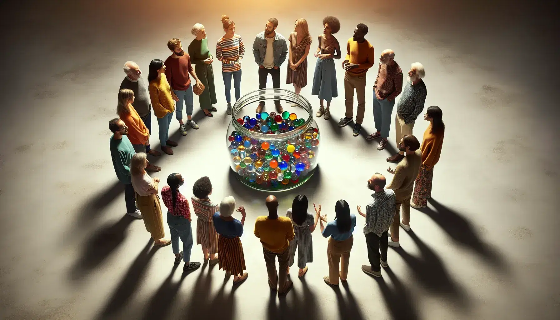 Diverse group of people in a circle with transparent jar full of colored marbles, symbolizing diversity of opinions.