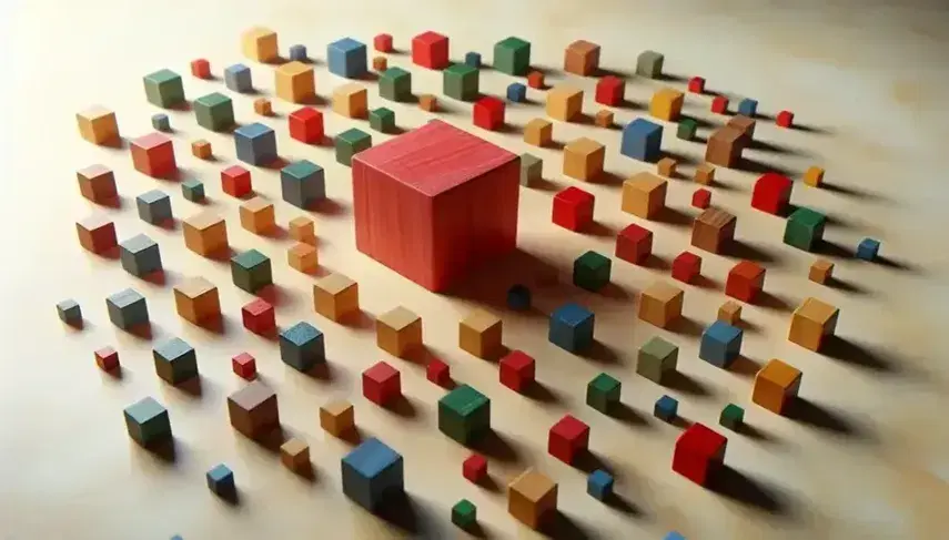 Cubos de madera de colores variados y tamaños dispuestos al azar sobre superficie lisa, con un cubo rojo central destacado.