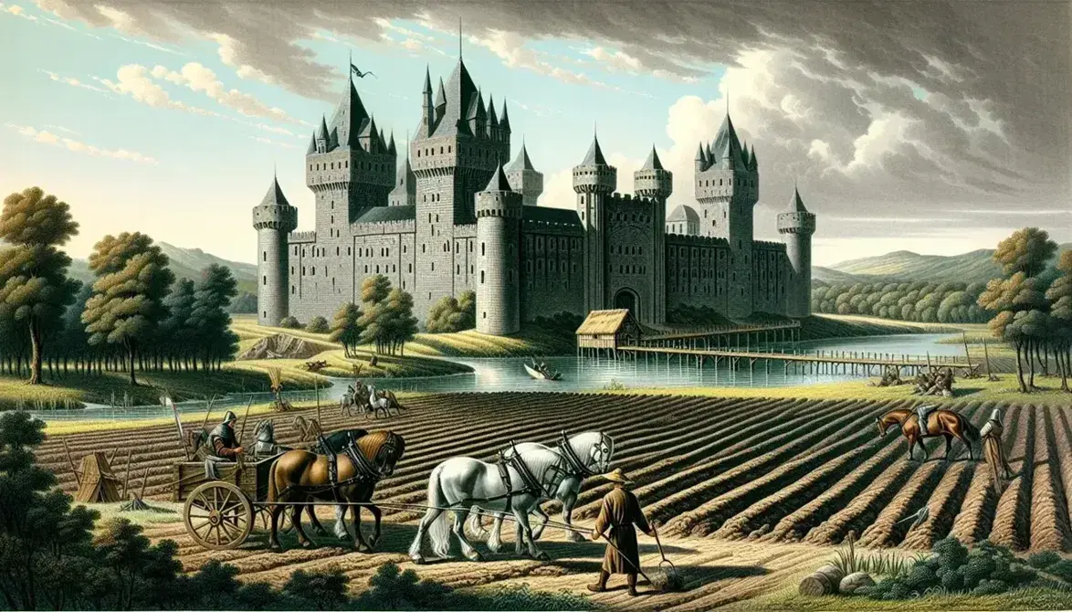 Castillo medieval de piedra gris con foso y puente levadizo, campesino arando con buey y caballeros a caballo en paisaje diurno.