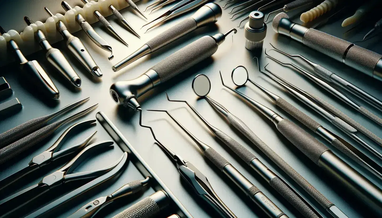 Conjunto de instrumentos dentales metálicos sobre superficie clara, incluyendo pieza de mano y varios tipos de fórceps y elevadores.