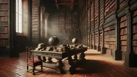 Biblioteca antigua con estantes de madera oscuros llenos de libros, mesa central con libros abiertos, esfera armilar y globo antiguo, luz natural entrando por ventana alta.