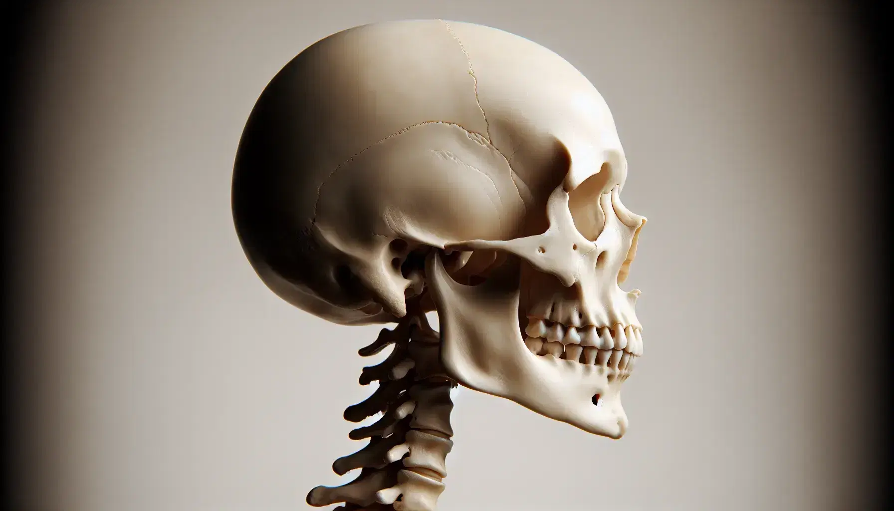 Cranio umano di profilo con enfasi sull'osso occipitale, forame magno visibile e condili occipitali su sfondo neutro.