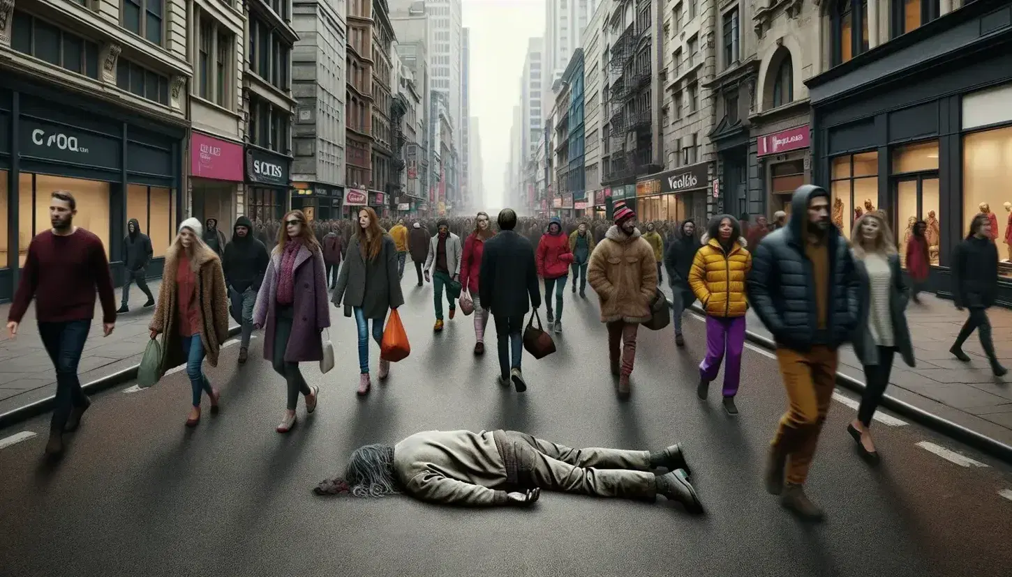 Person lying on the pavement in a crowded street, surrounded by indifferent passers-by, in a softly colored urban context.
