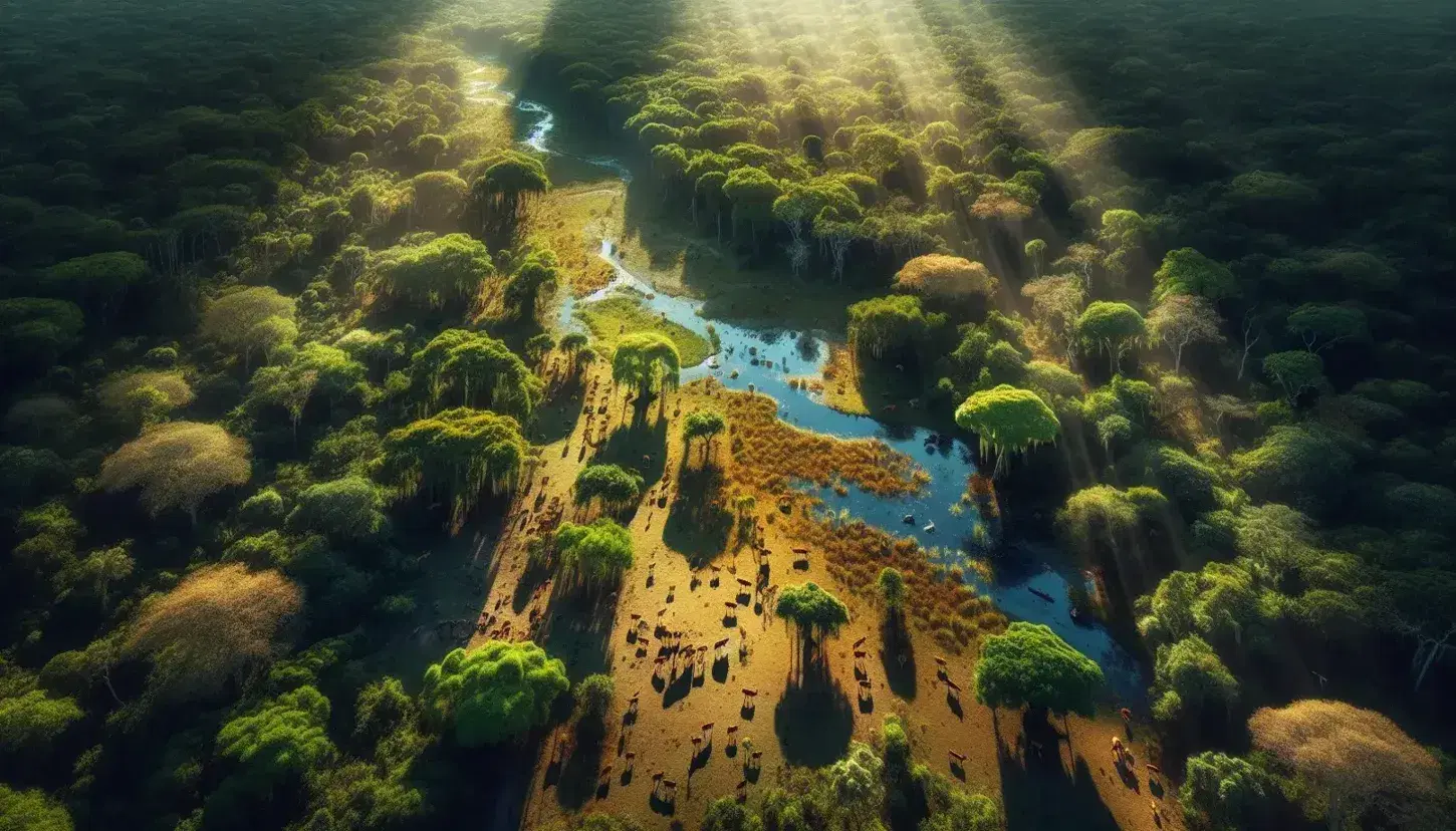 Vista aérea de un bosque denso con un río serpenteante y un claro donde pastan ciervos, reflejando la biodiversidad y tranquilidad natural.