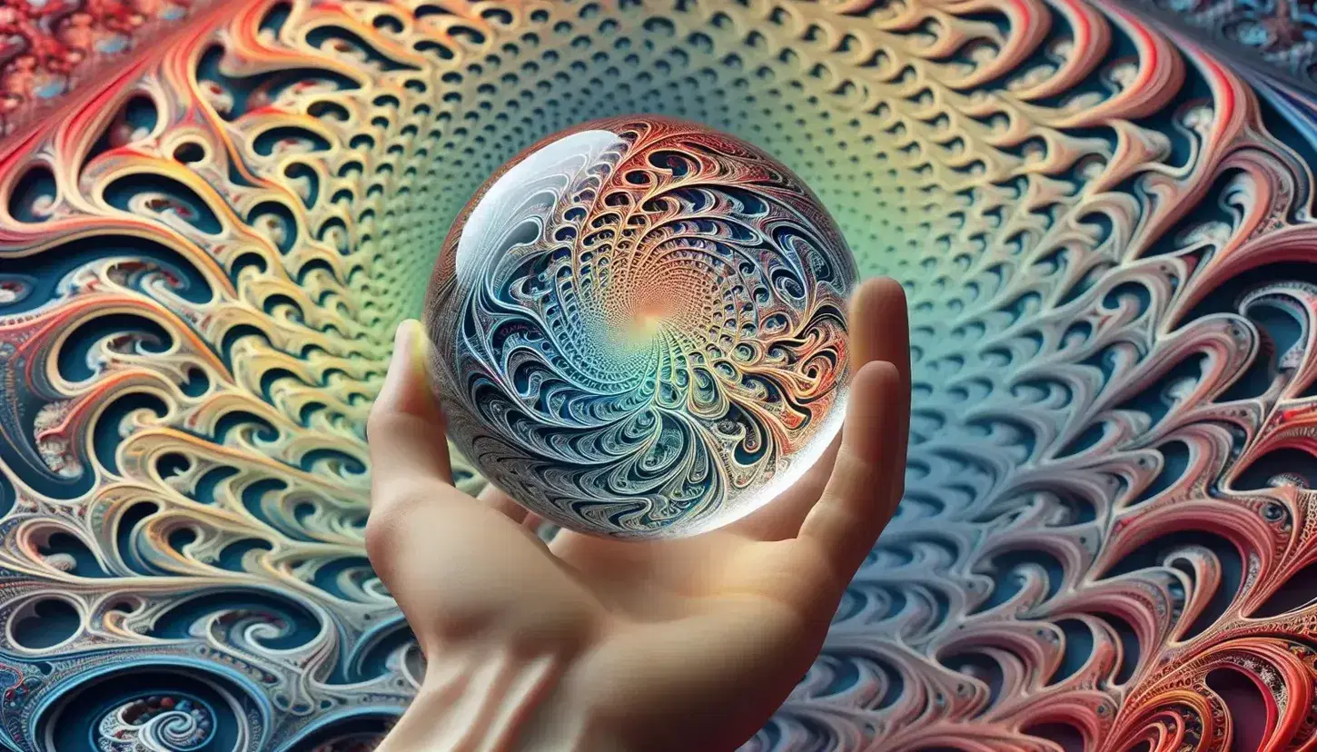 Hand holding a glass sphere magnifying a colorful fractal pattern with intertwined spirals in blue, green, red, and yellow on a blurred background.
