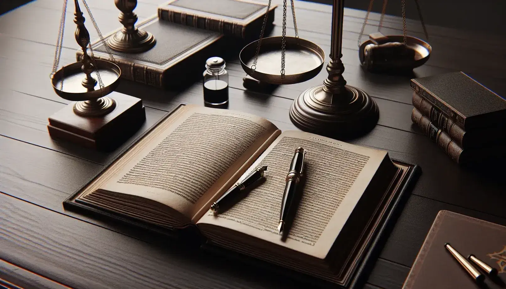 Escritorio de madera oscura con libro abierto, balanza de justicia equilibrada, pluma fuente y tintero de vidrio, y sello de goma sin texto visible.