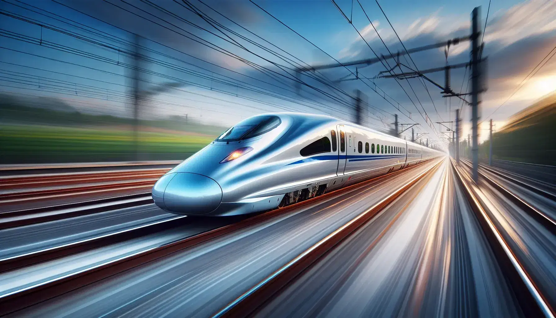 High-speed bullet train in motion with motion blur effect, sleek silver and blue design, passing through green countryside under clear blue sky.
