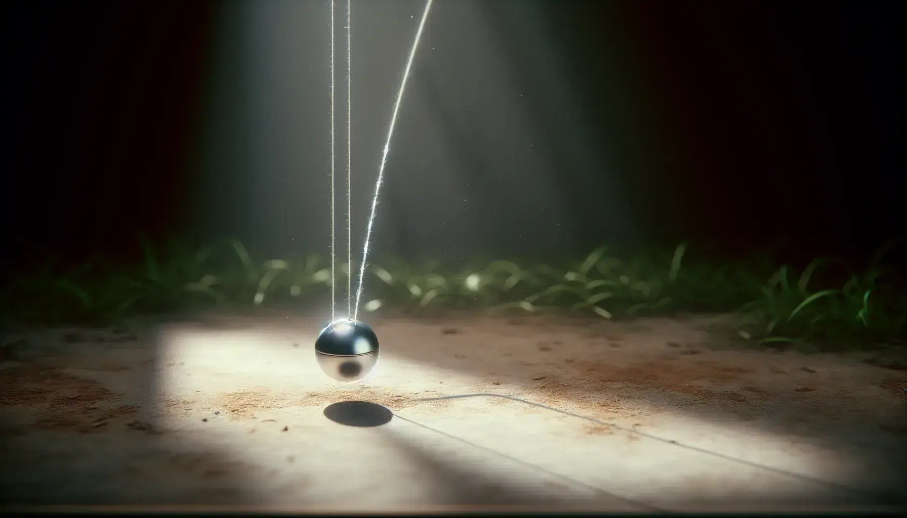 Pendolo semplice in movimento con sfera metallica argentea e filo grigio, sfondo sfocato naturale con luci e ombre.