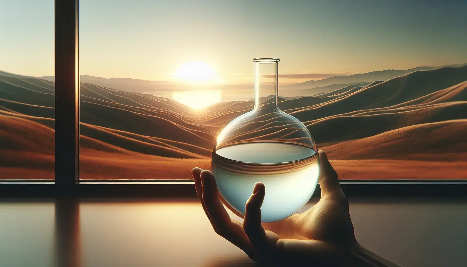 Hand holding a glass flask with clear liquid aligning with a serene, undulating hill landscape at sunrise or sunset, seen through a window.