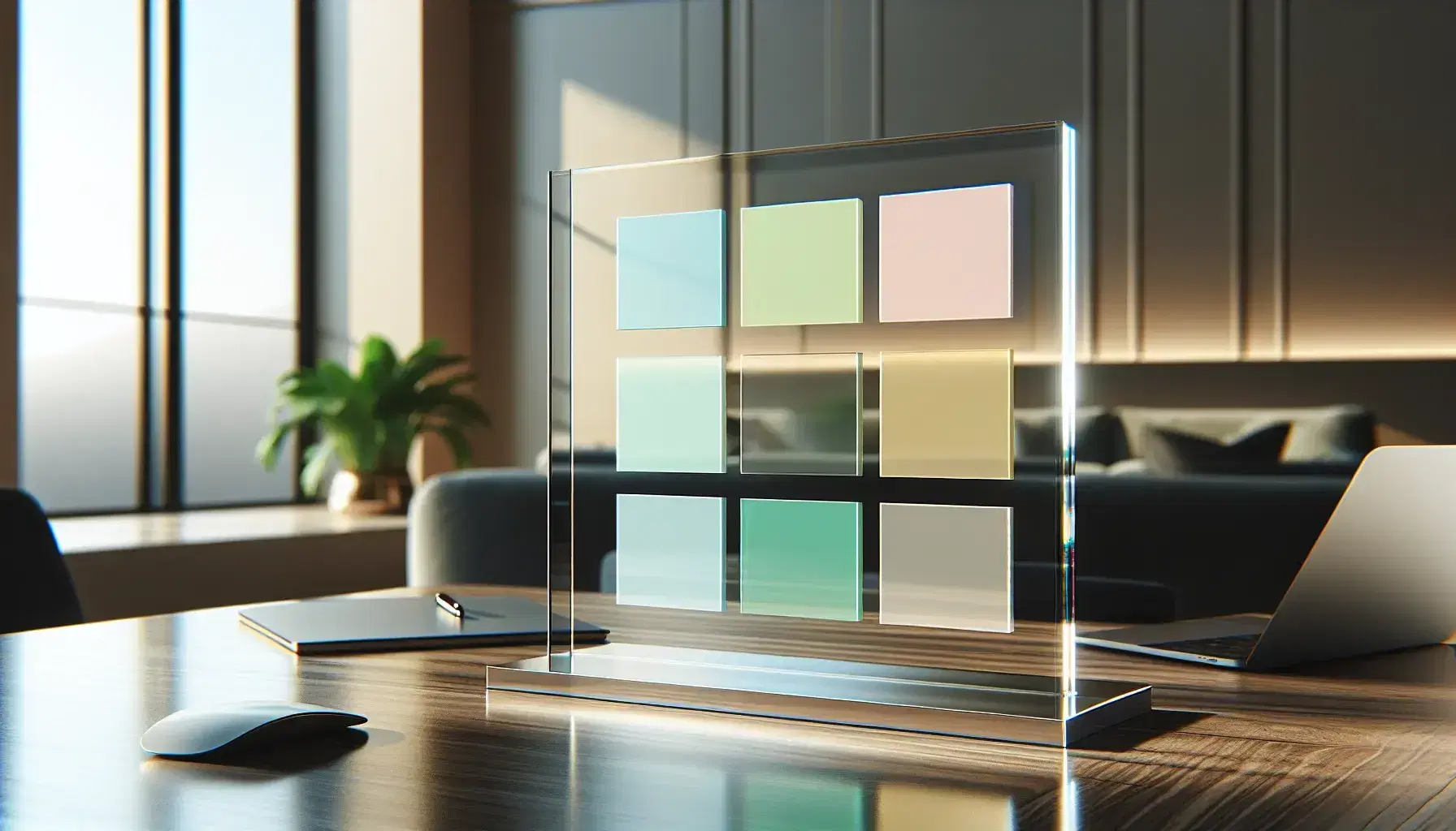 Glass whiteboard with colorful post-its in modern office, silver laptop and coffee cup on dark wooden table, blurry green plants in background.