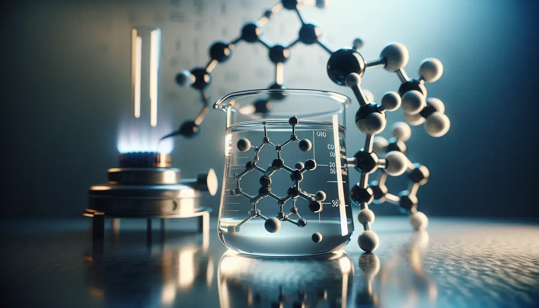 Glass beaker with colorless liquid on reflective surface, Bunsen burner lit behind and molecular model of an alkane on the right.