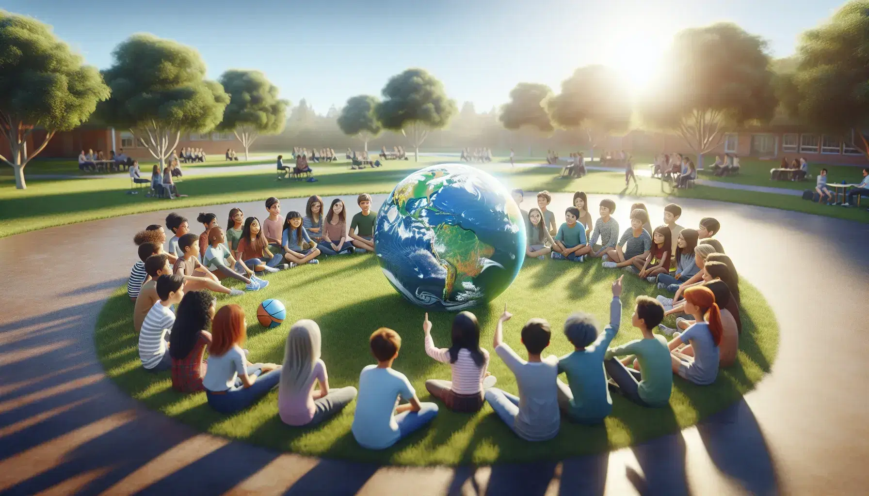 Grupo diverso de estudiantes en animada discusión educativa al aire libre, sentados en círculo en el césped tocando un globo terráqueo, bajo un cielo despejado.