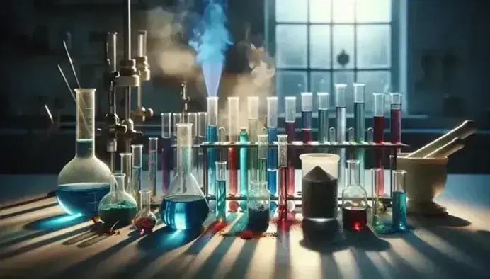 Provette in vetro con liquidi colorati e sostanze in polvere su banco laboratorio, fiamma Bunsen e mortaio con pestello.