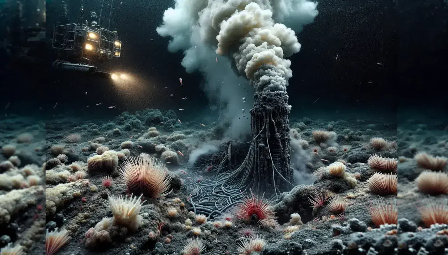 Deep ocean hydrothermal vent with black smokestack, red tube worms and translucent shrimp, surrounded by an illuminating ROV.