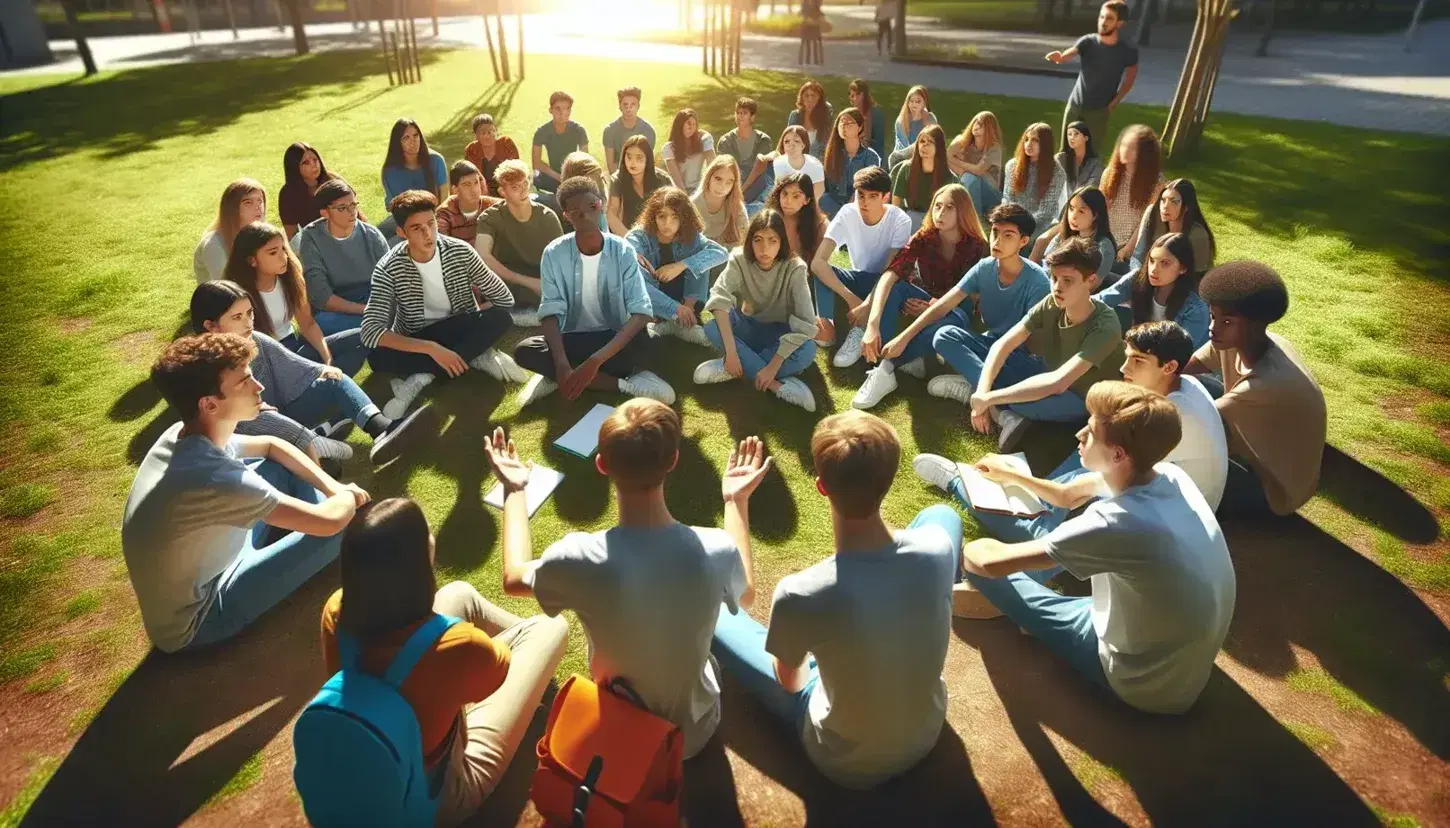 Grupo de jóvenes diversos participando en una discusión al aire libre, con un facilitador de pie en un parque soleado, rodeados de árboles y césped.