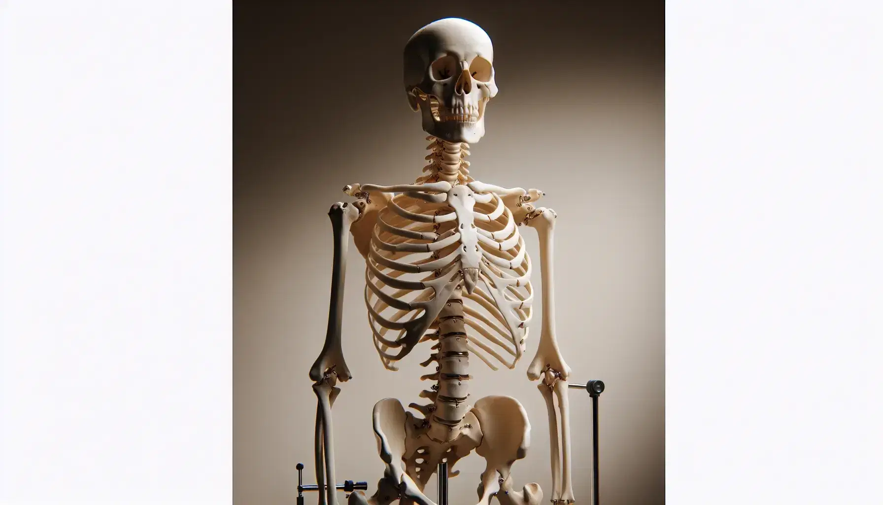 Scheletro umano completo su supporto con ruote in aula di anatomia, con dettagli ossei ben visibili e postura eretta.