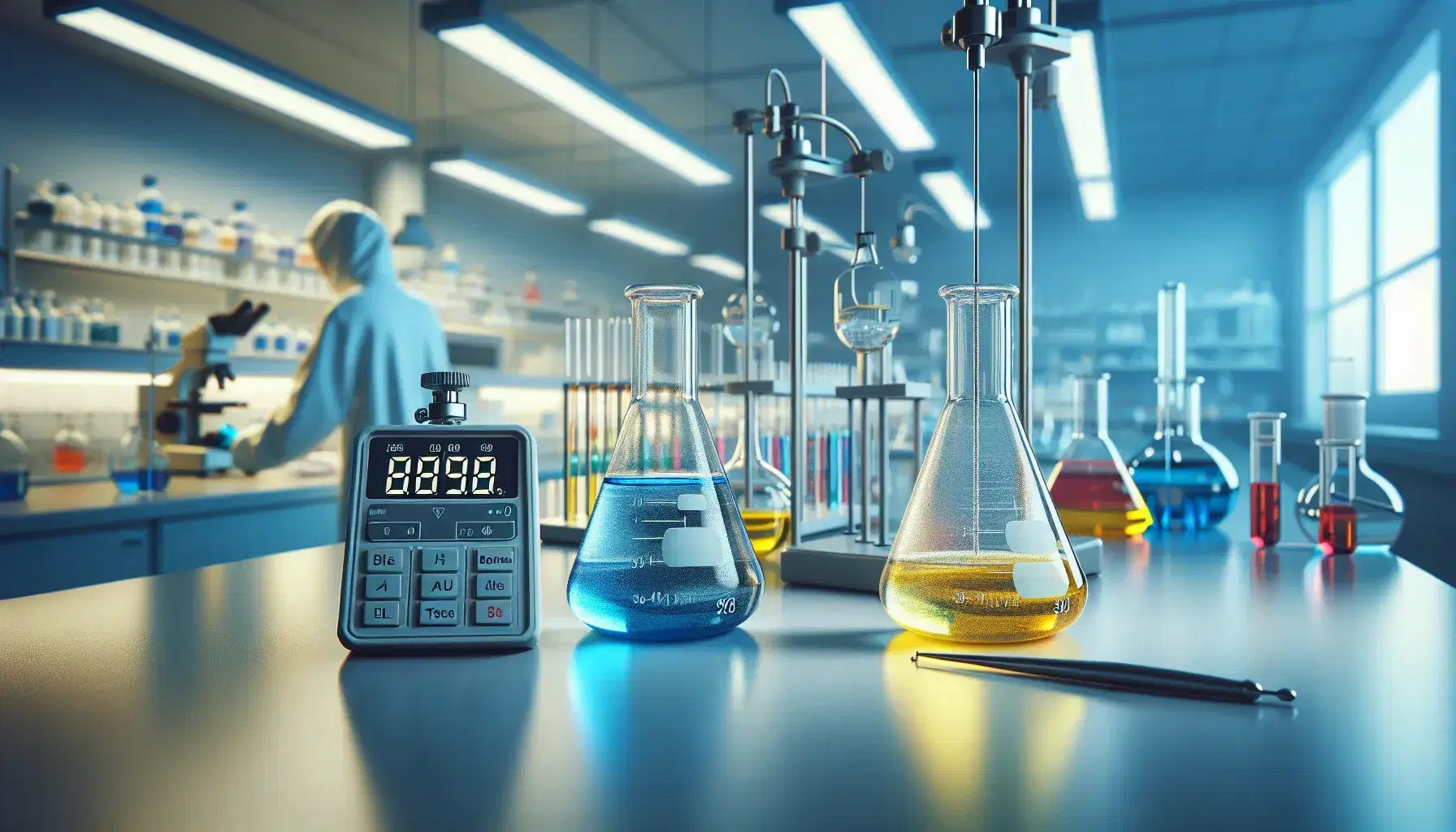 Laboratorio de química con mesa y Erlenmeyers con líquidos de colores, cronómetro digital y agitador magnético, estantería con tubos de ensayo al fondo.