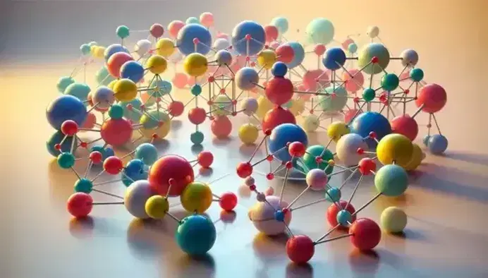 Esferas de colores rojo, azul, amarillo y verde conectadas por varillas formando estructuras geométricas tridimensionales sobre superficie clara.