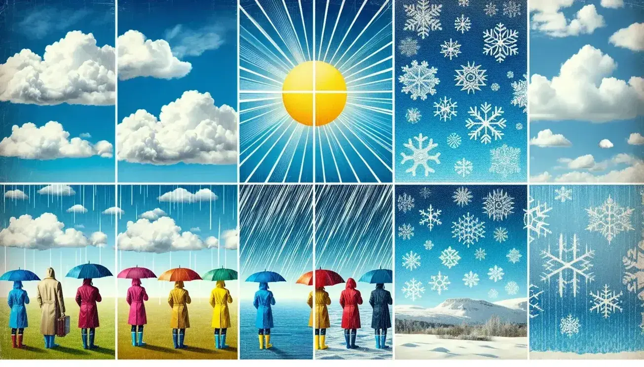 Collage depicting diverse weather: cumulus clouds, a bright sun, people in rain gear under showers, and a snowy landscape with falling snowflakes.