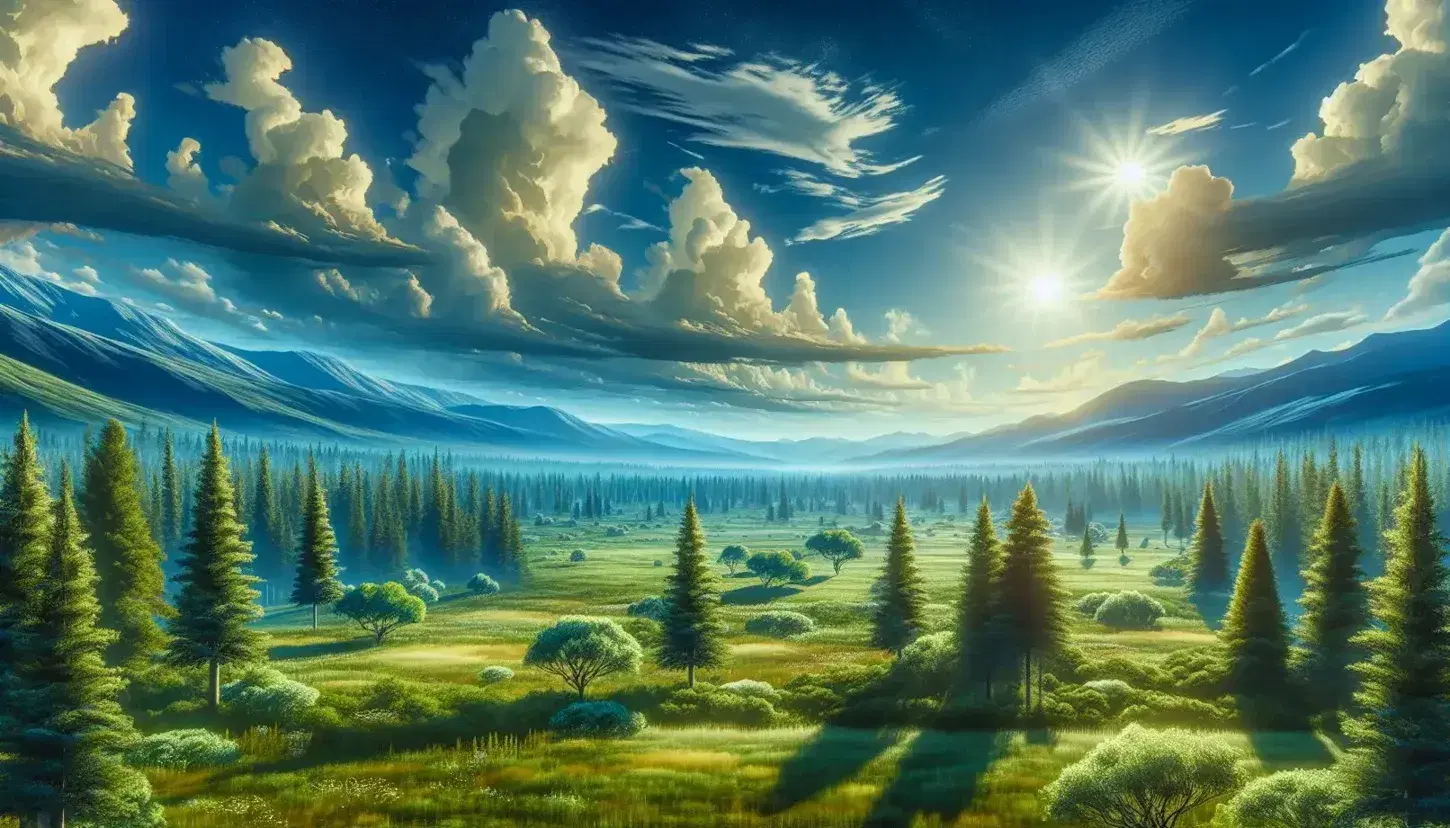 Paisaje natural con árboles frondosos en primer plano, pradera verde y montañas nevadas al fondo bajo un cielo azul con nubes y sol suave.
