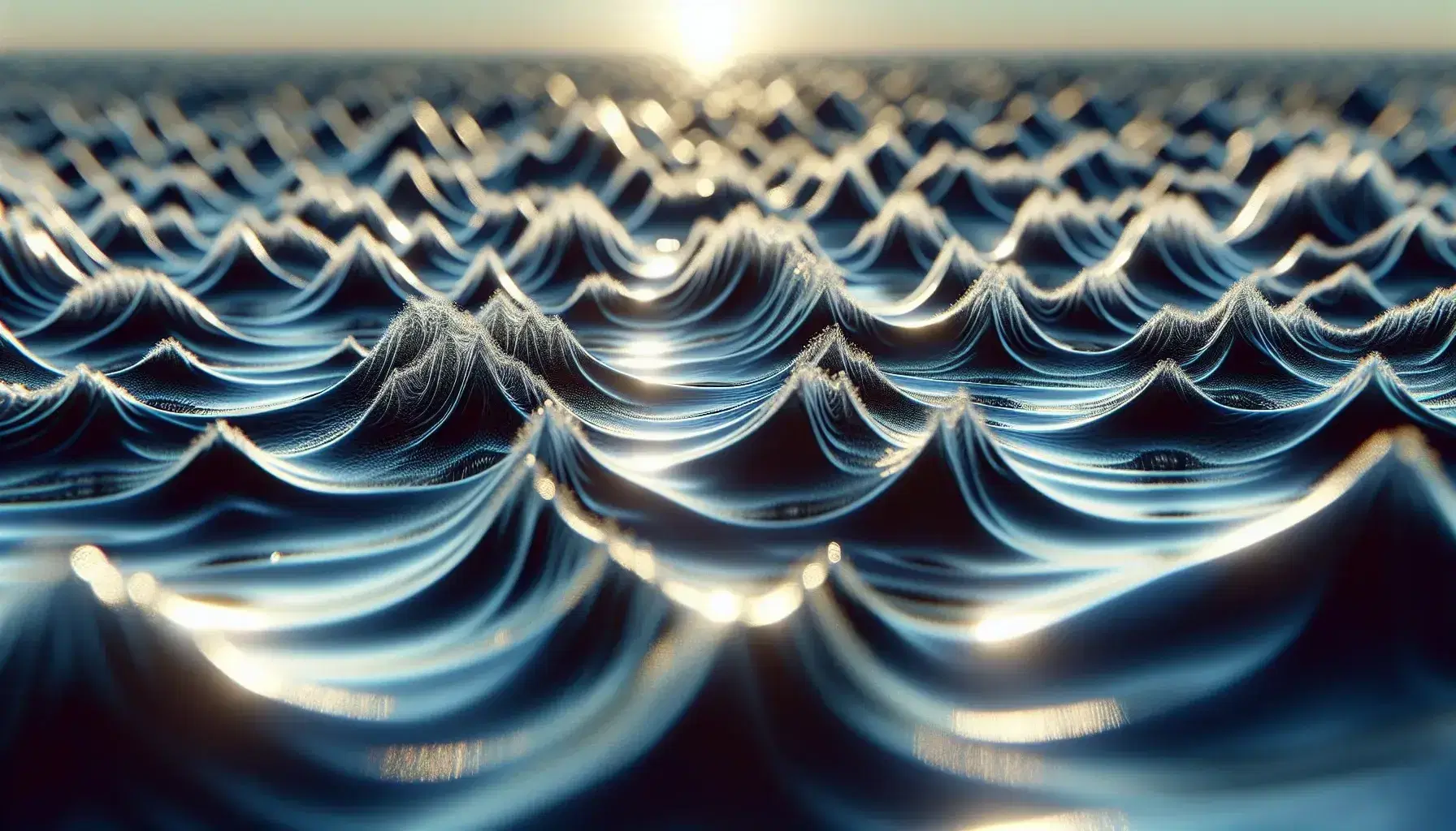 Close-up view of capillary waves on water with sunlight reflecting off peaks, showing a gradient from deep to light blue.