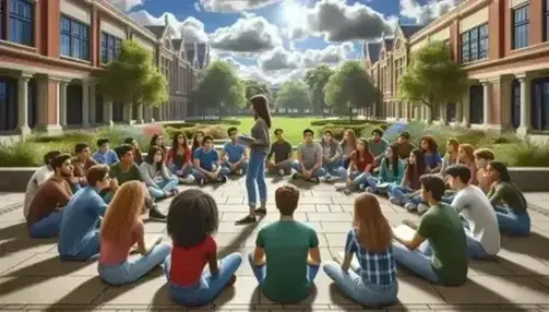 Grupo diverso de estudiantes atentos en discusión al aire libre con mujer facilitadora en campus universitario.