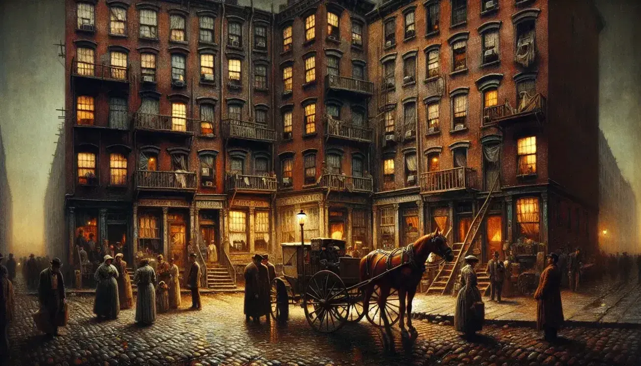 Late 19th-century tenement with red brick walls, broken windows, and horse-drawn carriage on cobblestone street, under gas street lamps at dusk.