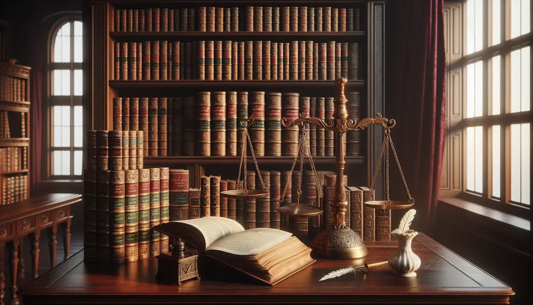 Biblioteca clásica con estanterías de madera oscura llenas de libros encuadernados en cuero, balanza de justicia en bronce, libro abierto y tintero con pluma sobre mesa antigua, iluminados por lámpara de pie y luz natural.