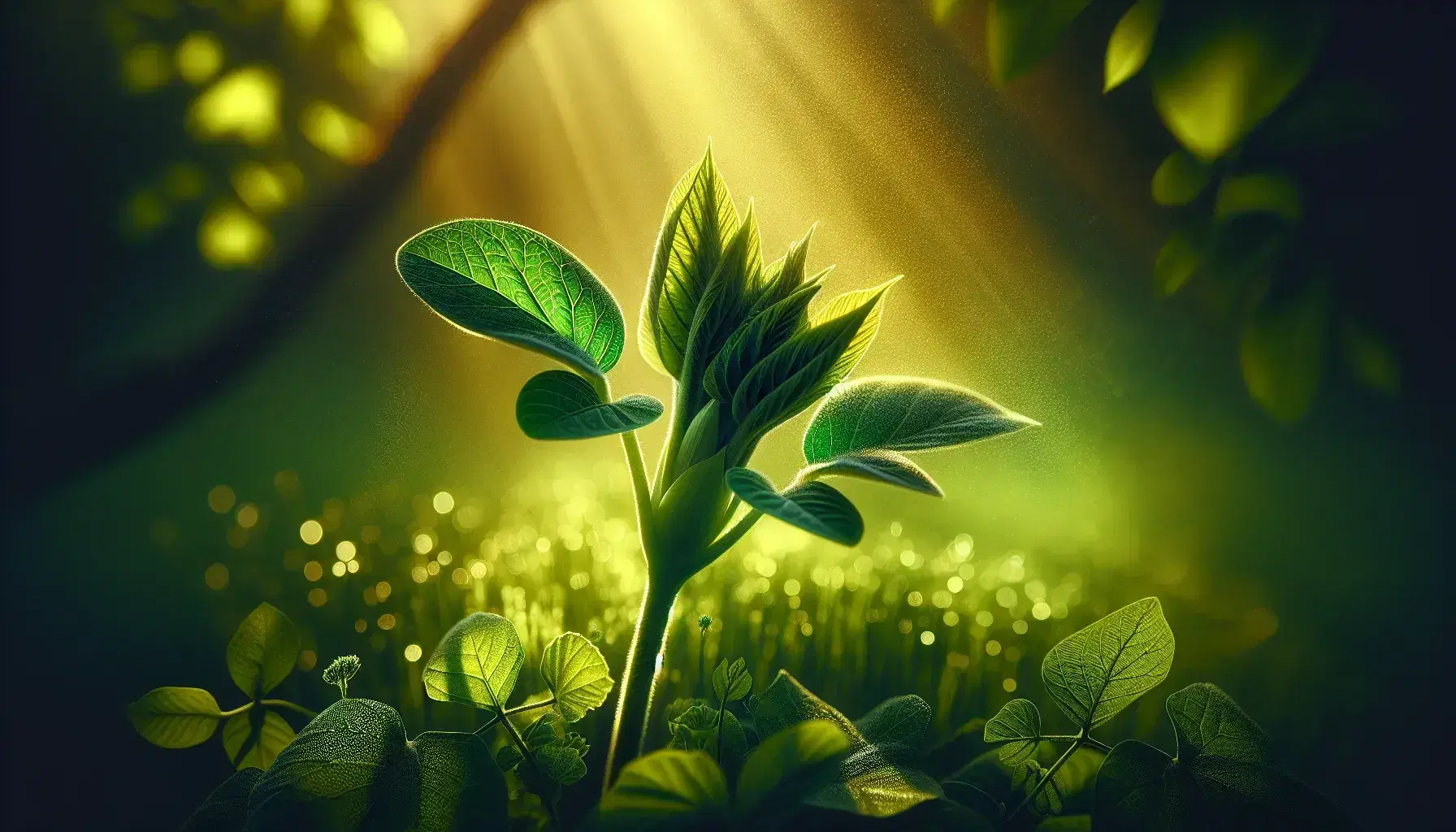 Close-up of a vibrant green plant shoot with emerging leaves and a potential flower bud, bathed in dappled sunlight against a soft, blurred background.