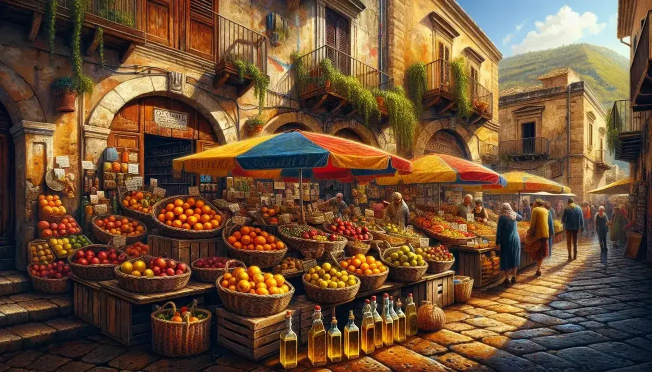Mercato all'aperto in un villaggio calabrese con bancarelle di frutta fresca, bottiglie d'olio d'oliva e case storiche sullo sfondo.