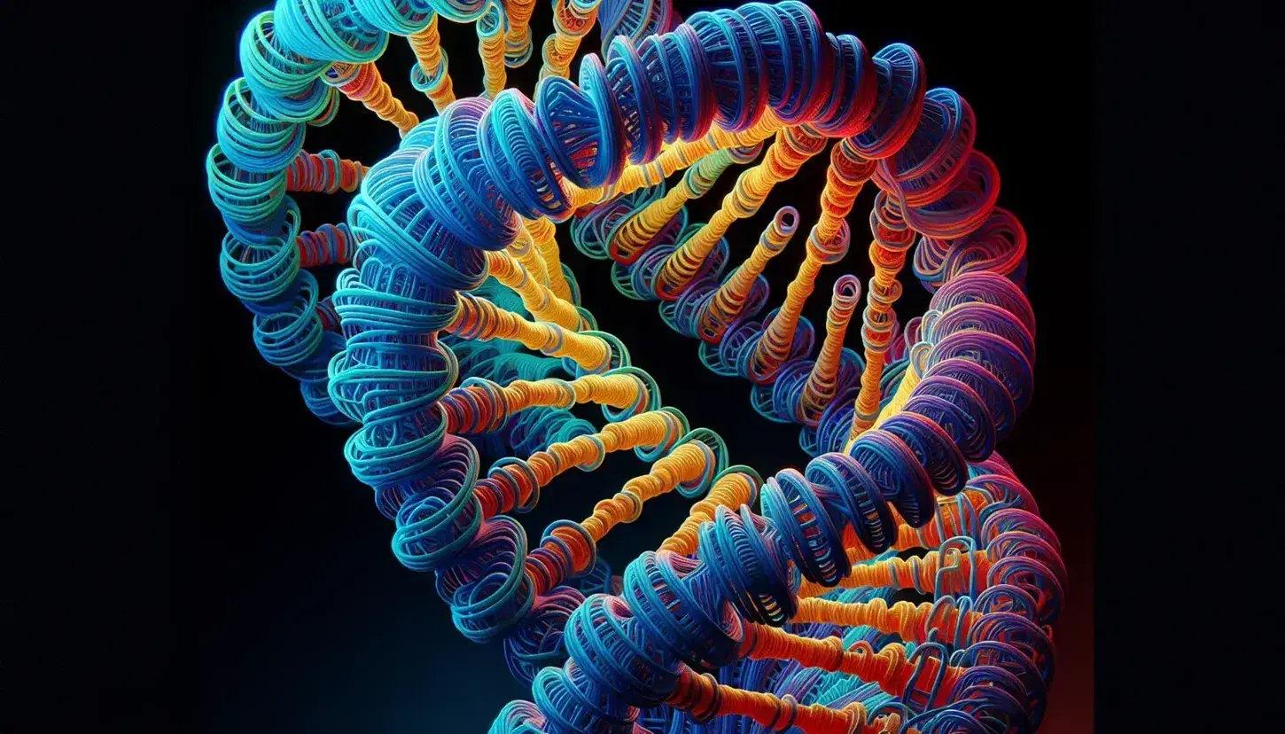 Detailed 3D rendering of a DNA double helix with blue sugar-phosphate backbones and red, yellow, green, orange base pairs against a soft gradient background.