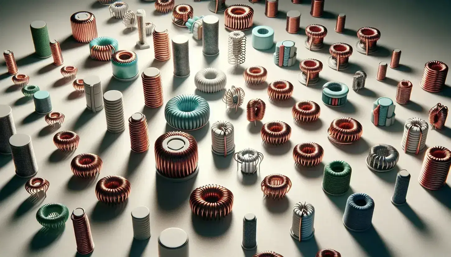 Assorted inductors in cylindrical and toroidal shapes with various colored coatings on a light background, showcasing electronic components.