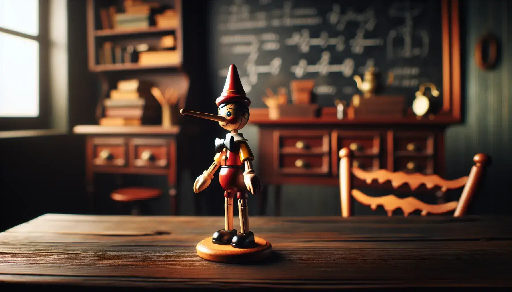 Statuetta di Pinocchio in legno con giunti mobili su base, cappello rosso e naso lungo, in ambiente scolastico d'epoca sfocato.
