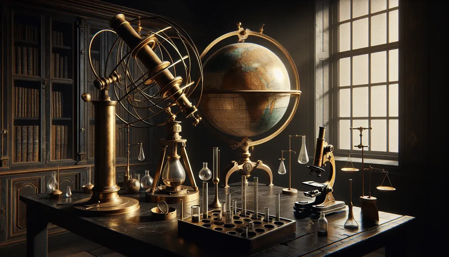Laboratorio di ricerca del XVII secolo con telescopio in ottone, sfera armillare, microscopio, globo terrestre e bilancia su tavolo di legno.