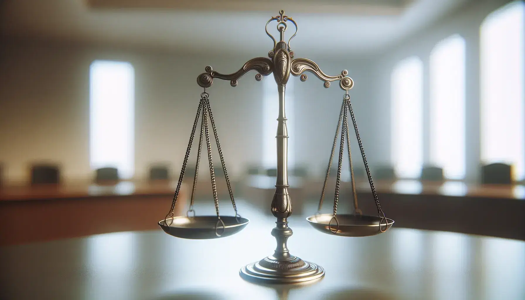 Bilancia della giustizia in equilibrio, con piatti simmetrici e struttura in metallo lucido, su sfondo neutro sfocato.