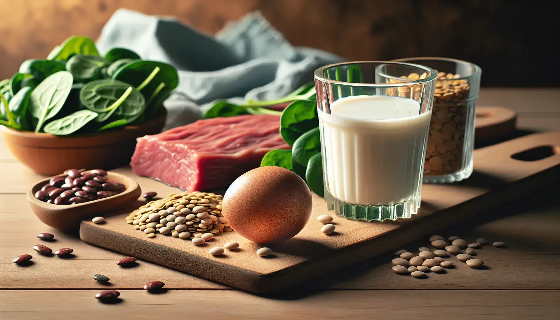 Varietà di alimenti su superficie in legno chiaro con uovo, latte, carne, legumi, spinaci, formaggio e noci, in una composizione equilibrata e colorata.
