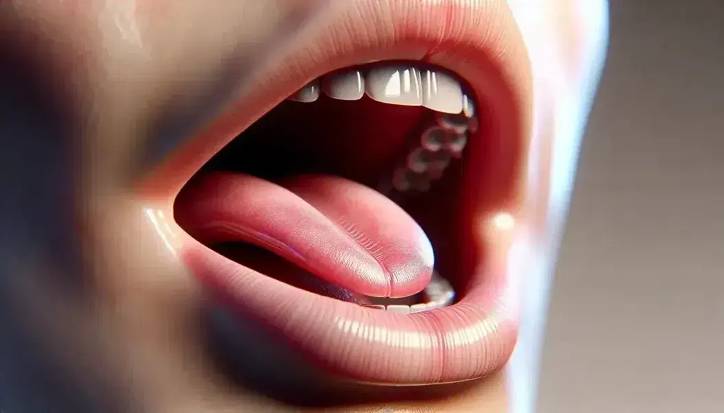 Close-up view of a human mouth mid-vowel articulation, showing slight lip opening, visible upper teeth, and a positioned tongue.