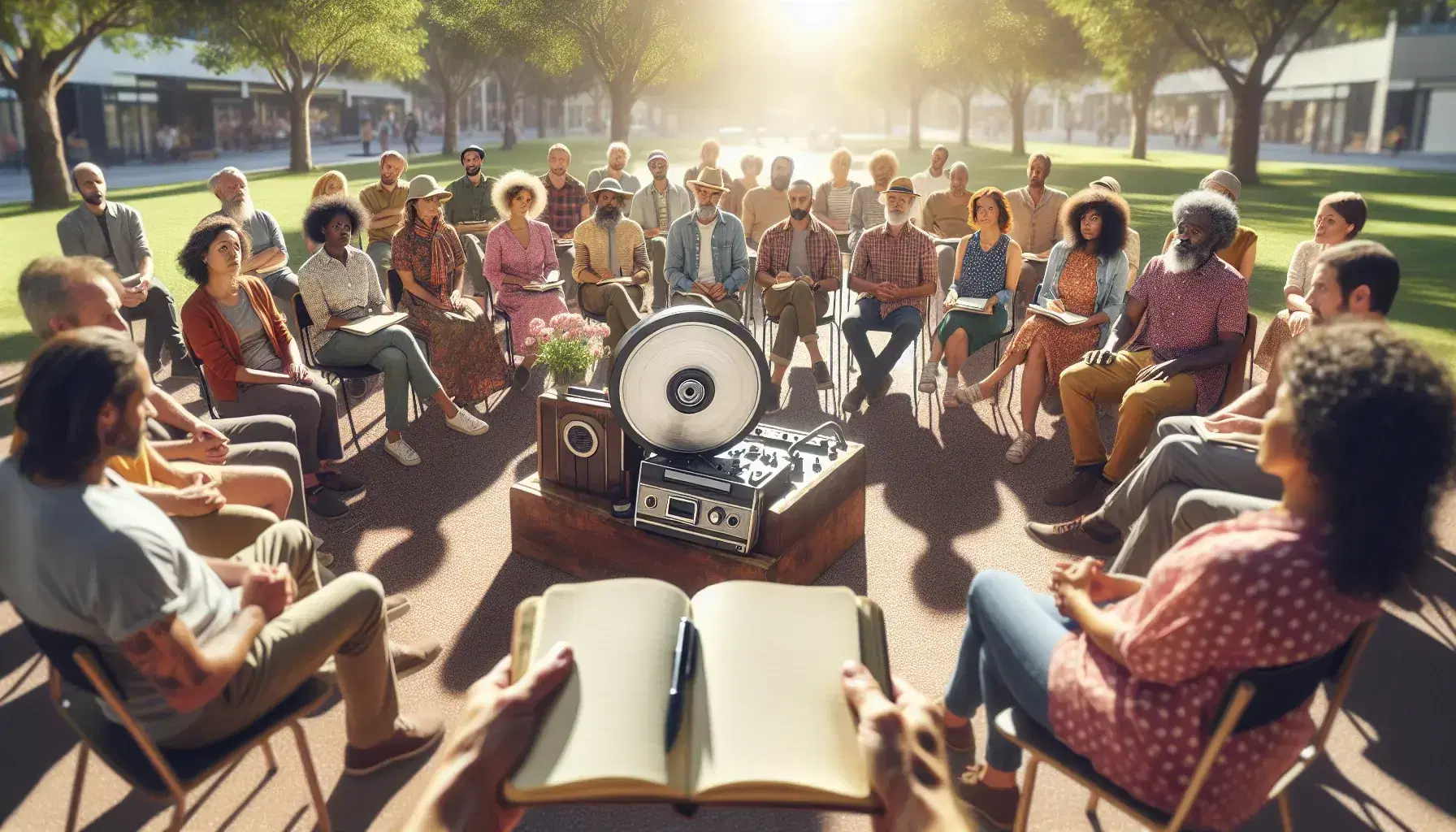 Grupo diverso de personas sentadas en círculo al aire libre enfocadas en un grabador antiguo, con árboles y luz solar filtrándose en un parque tranquilo.