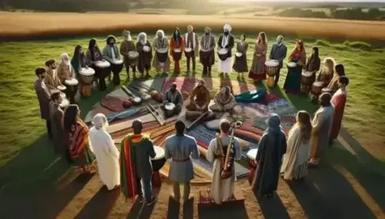 Multi-ethnic group in traditional clothes exchange cultural objects such as djembes and musical instruments in a sunny meadow.