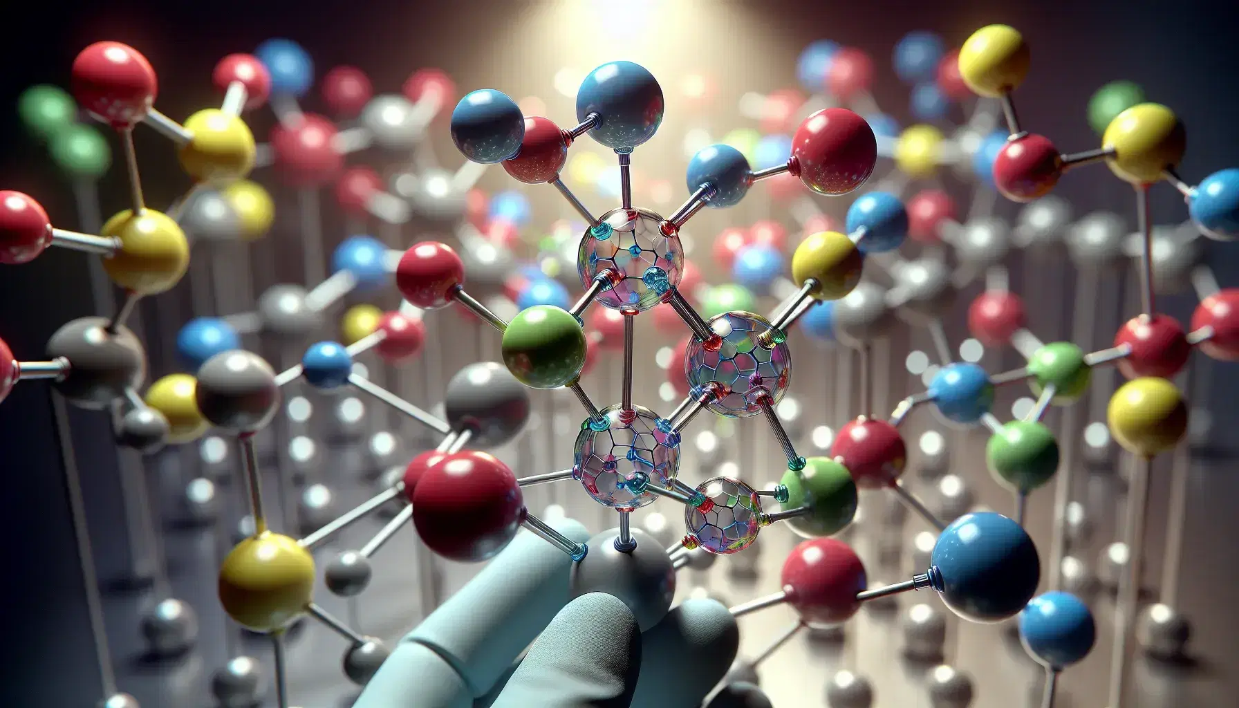 Modello molecolare 3D con sfere colorate connesse da aste che rappresentano atomi e legami chimici, mano guantata in laboratorio.