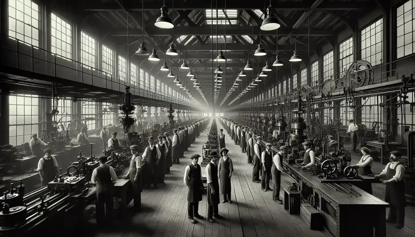 Trabajadores en línea de ensamblaje de fábrica antigua con ropa de época, manejando piezas junto a maquinaria pesada bajo iluminación natural y de lámparas.